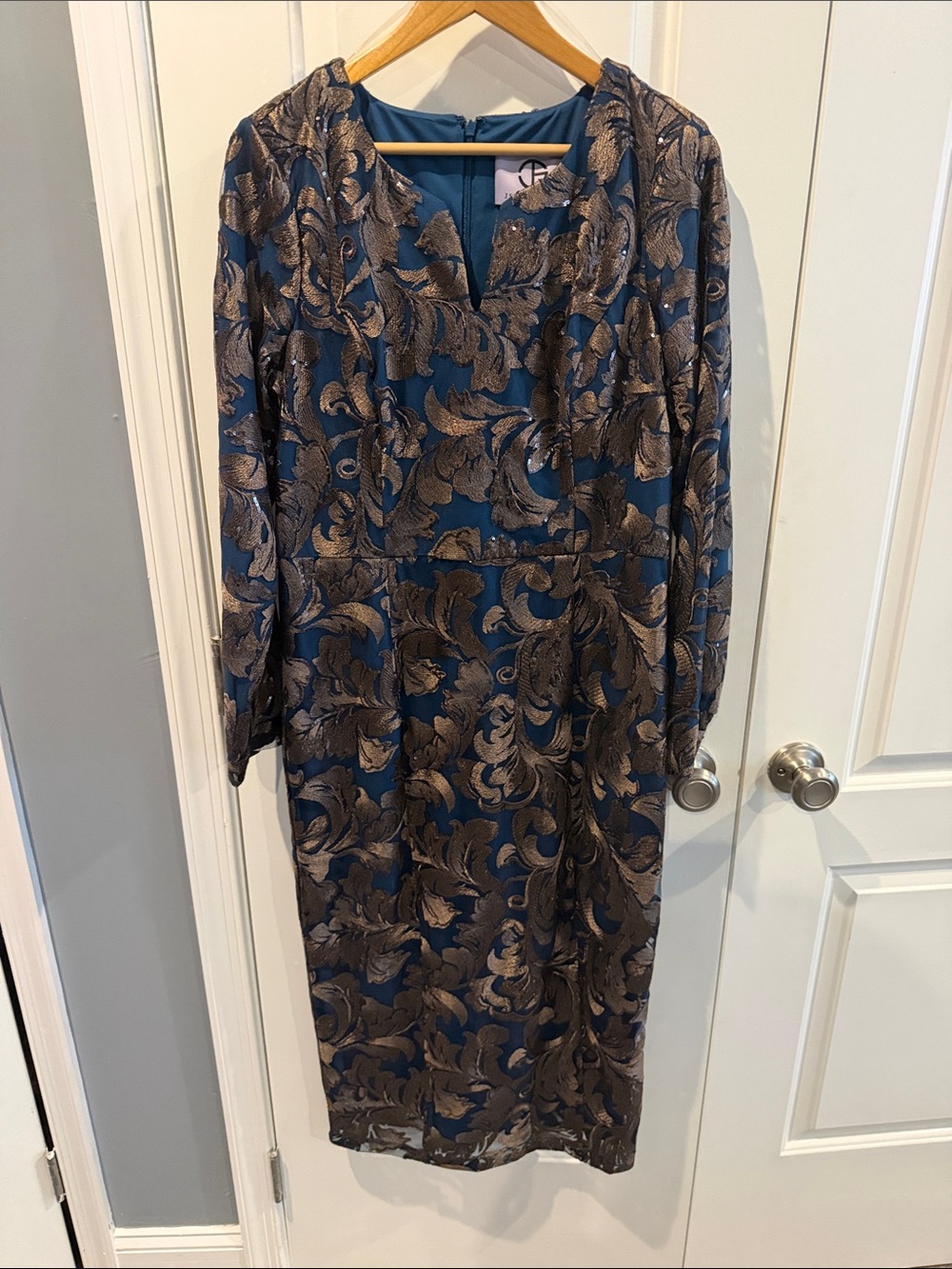 JS Collections Blue and Gold Brocade Midi Dress